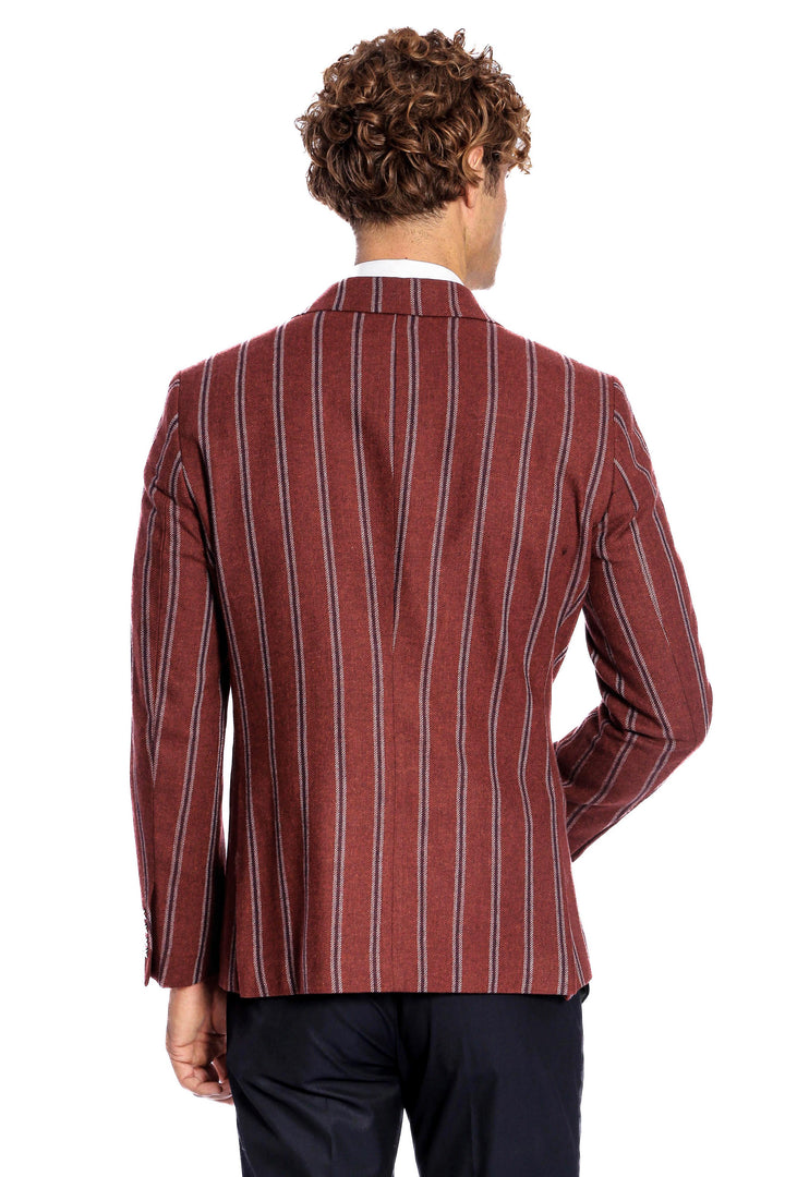 Wide Lapel Striped Double Breasted Burgundy Men Blazer - Wessi