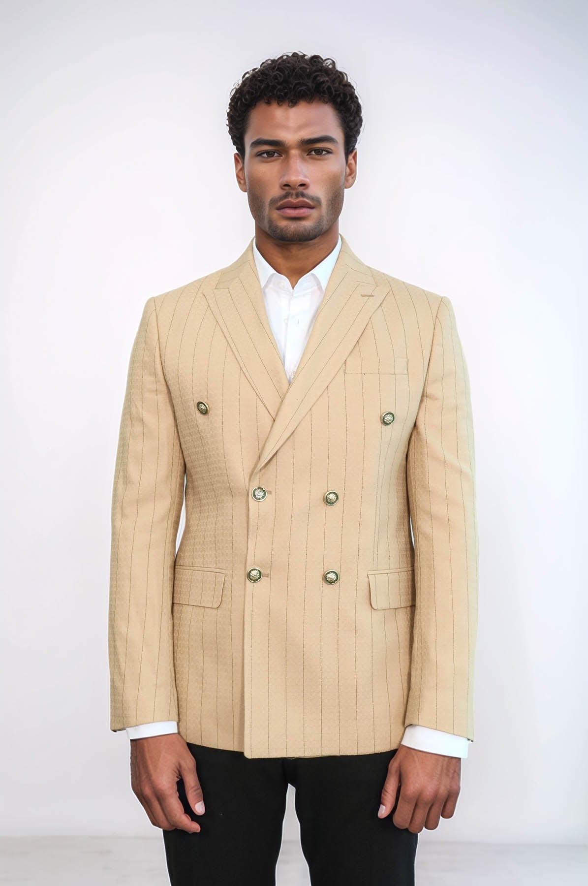 Double Breasted Slim Fit Striped Cream Men Blazer - Wessi – Wessi
