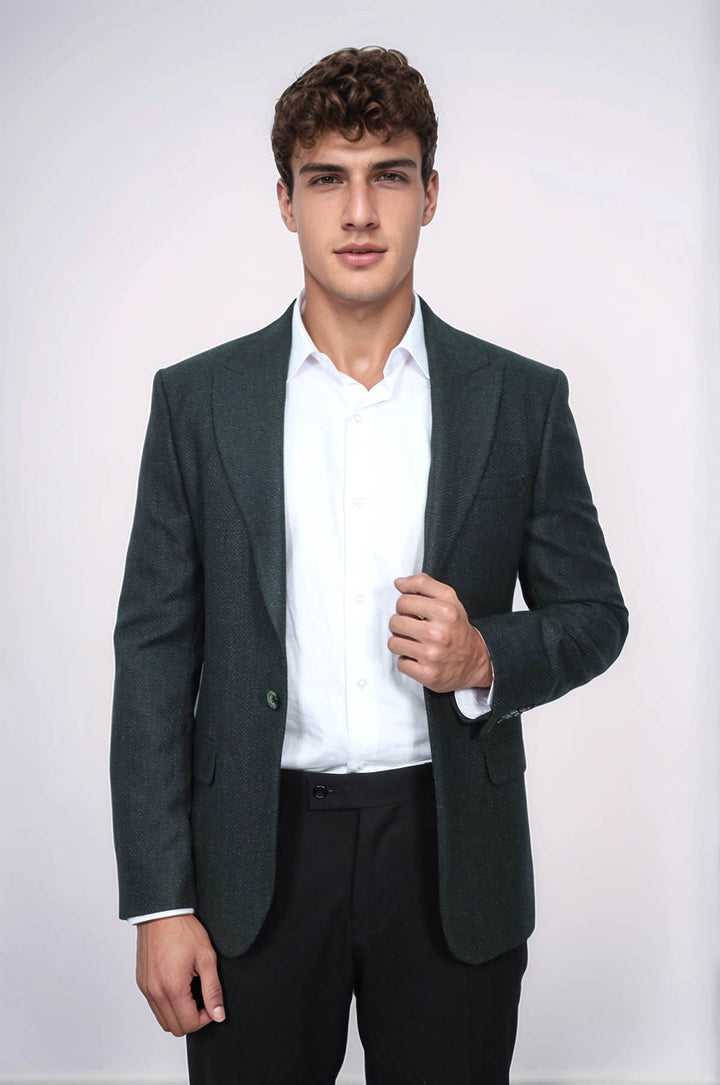 Slim Fit Patterned Dark Green Men Blazer - Wessi