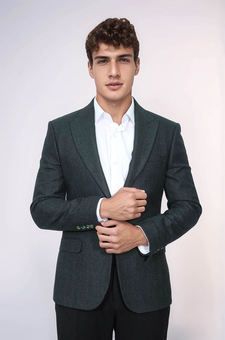 Slim Fit Patterned Dark Green Men Blazer - Wessi