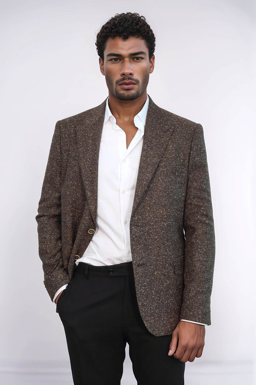 Blazer de hombre de lana marrón con estampado de pata de gallo - Wessi