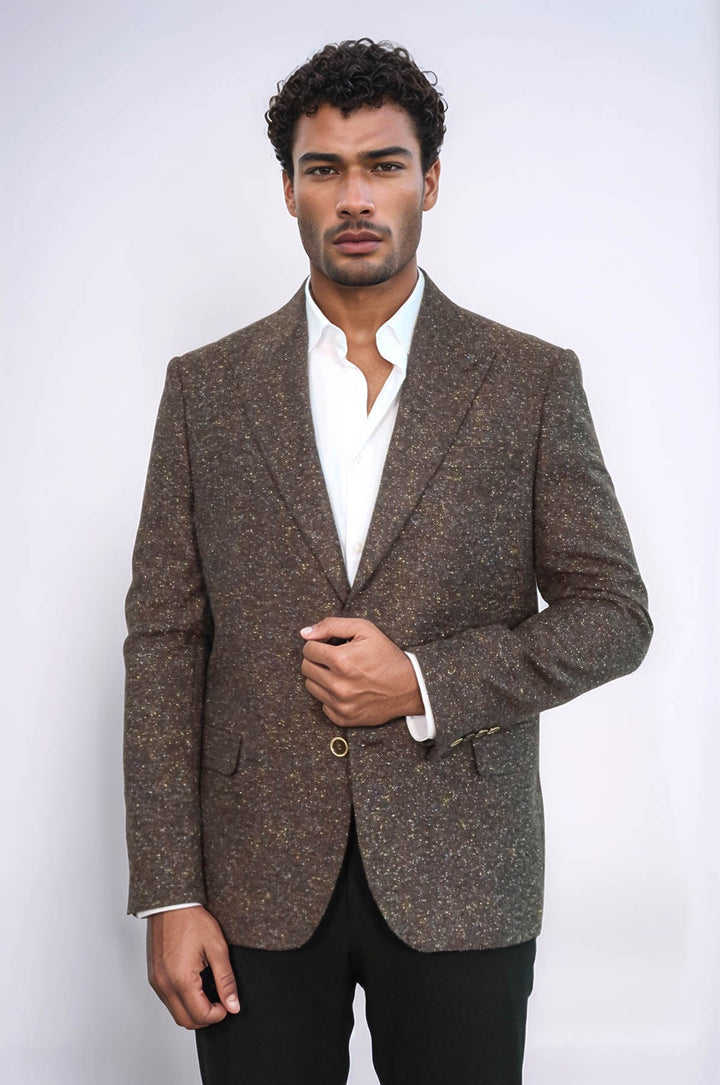 Blazer de hombre de lana marrón con estampado de pata de gallo - Wessi