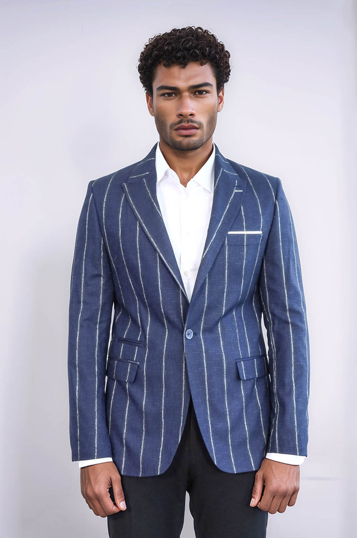 Blazer azul marino ajustado a rayas para hombre - Wessi