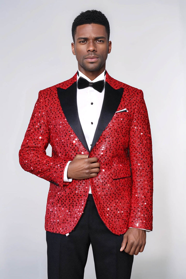 Glitter Pattern Red Men Prom Blazer - Wessi