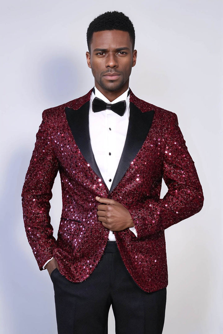 Glitter Pattern Burgundy Men Prom Blazer - Wessi