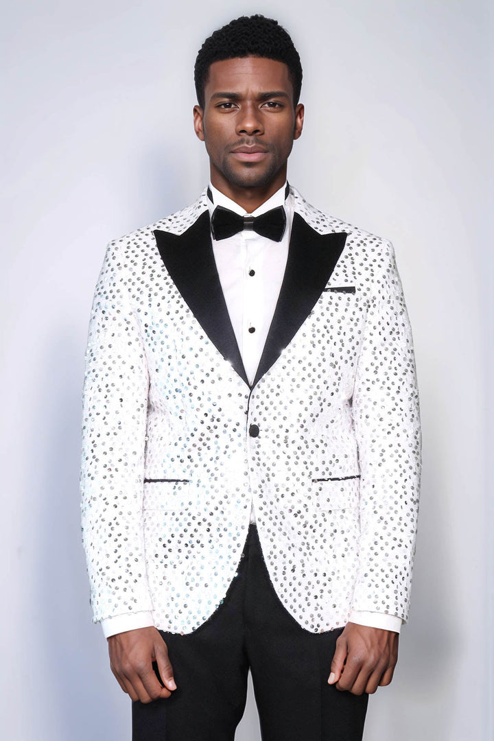 Glitter Pattern White Men Prom Blazer - Wessi