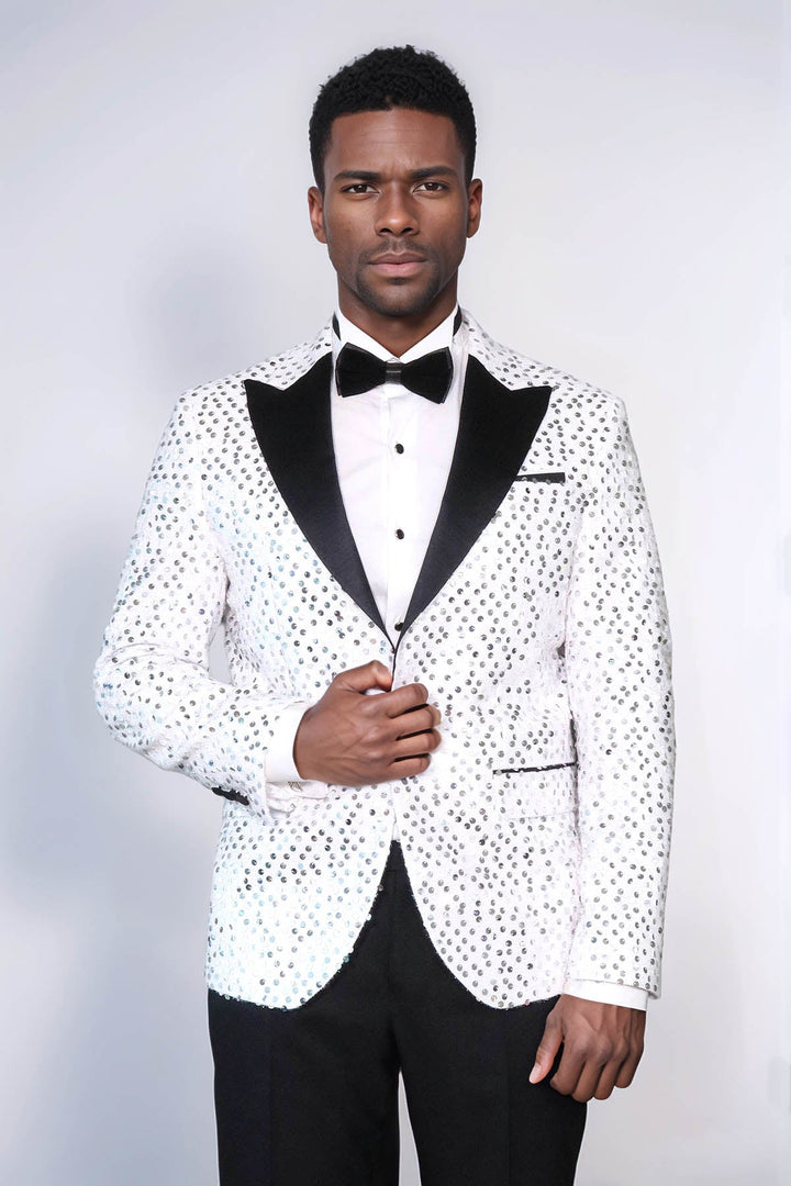 Glitter Pattern White Men Prom Blazer - Wessi