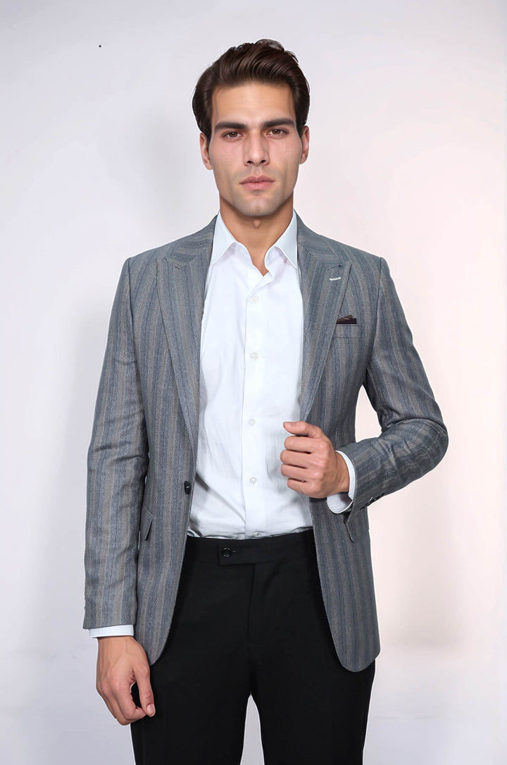 Blazer gris de rayas de corte entallado para hombre - Wessi