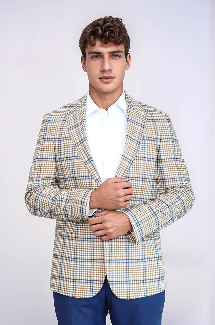 Blazer de cuadros entallado en marrón y azul para hombre - Wessi