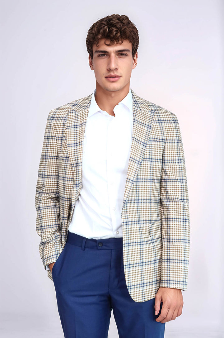 Blazer de cuadros entallado en marrón y azul para hombre - Wessi