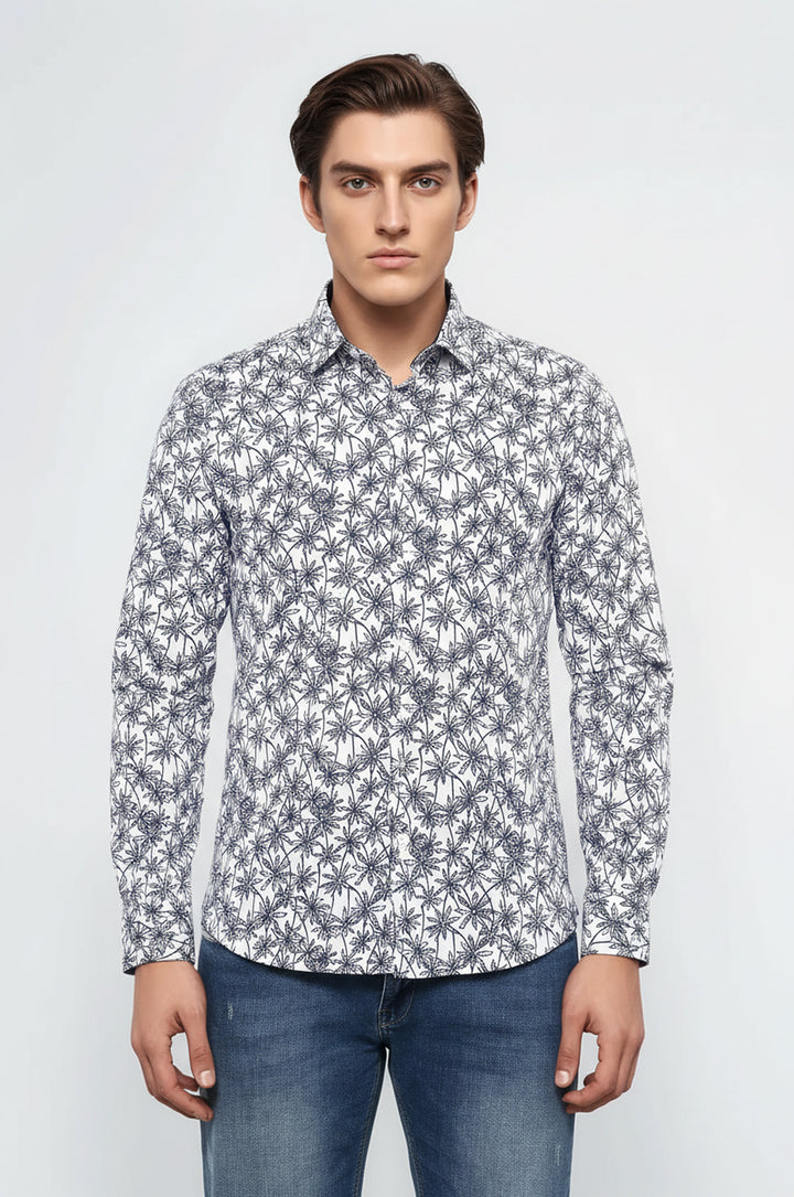 Blue Floral Patterned Long Sleeve White Men Shirt - Wessi