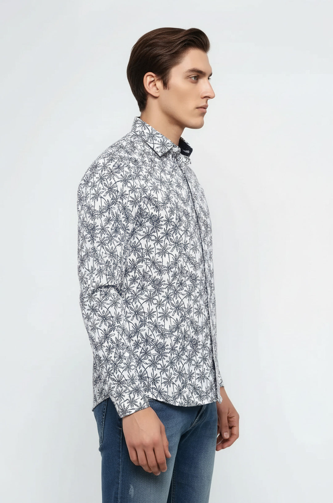 Blue Floral Patterned Long Sleeve White Men Shirt - Wessi