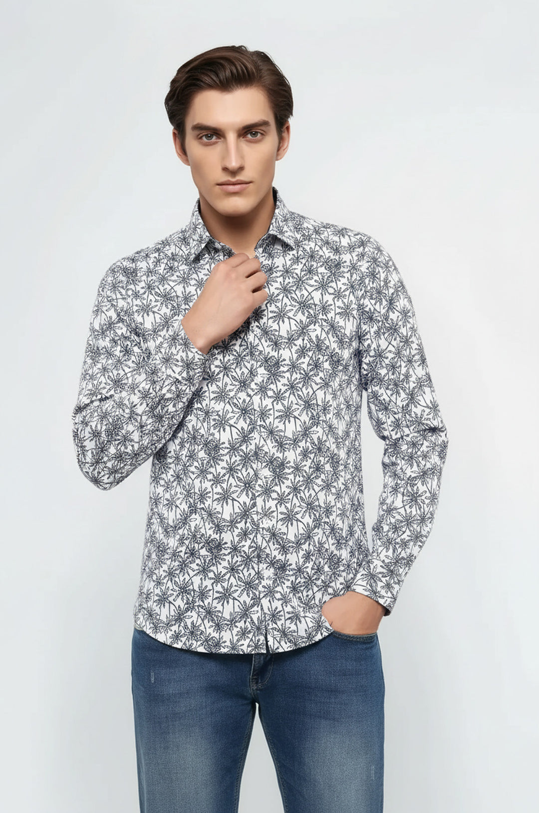 Blue Floral Patterned Long Sleeve White Men Shirt - Wessi