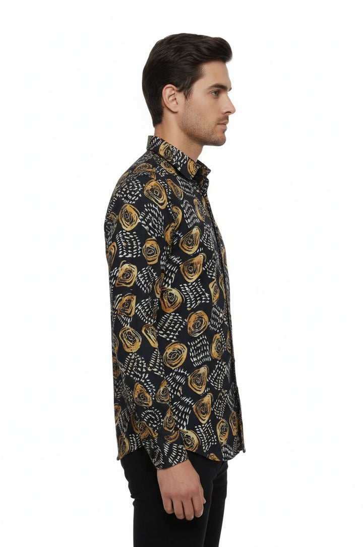 Floral Patterned Long Sleeves Slim Fit Black Men Shirt - Wessi