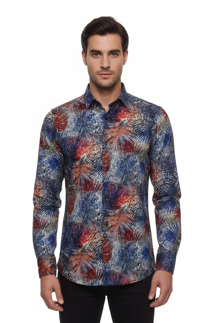 قميص رجالي باللون الأزرق الداكن منقوش عليه أوراق حمراء - ويسي