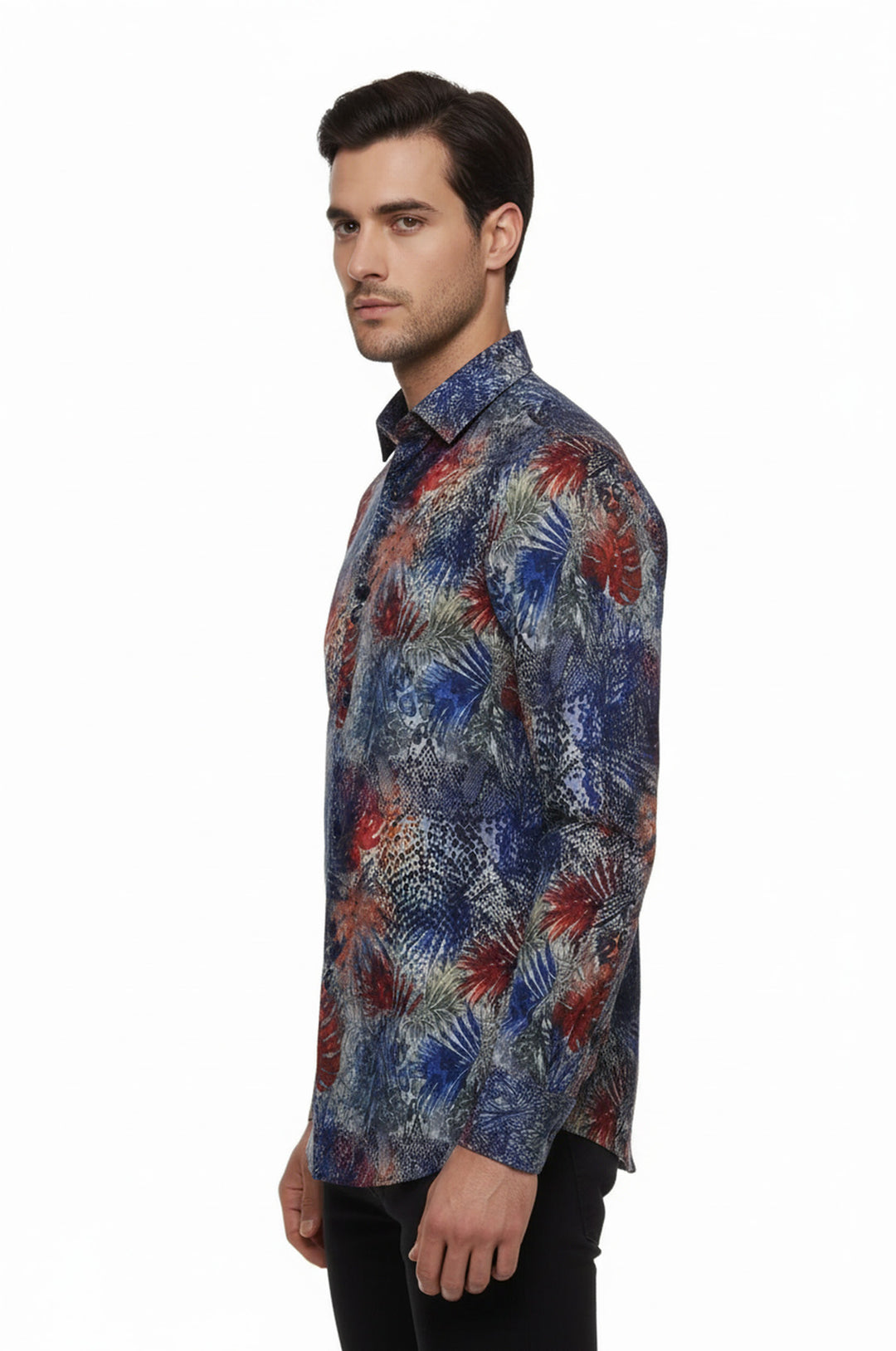 قميص رجالي باللون الأزرق الداكن منقوش عليه أوراق حمراء - ويسي