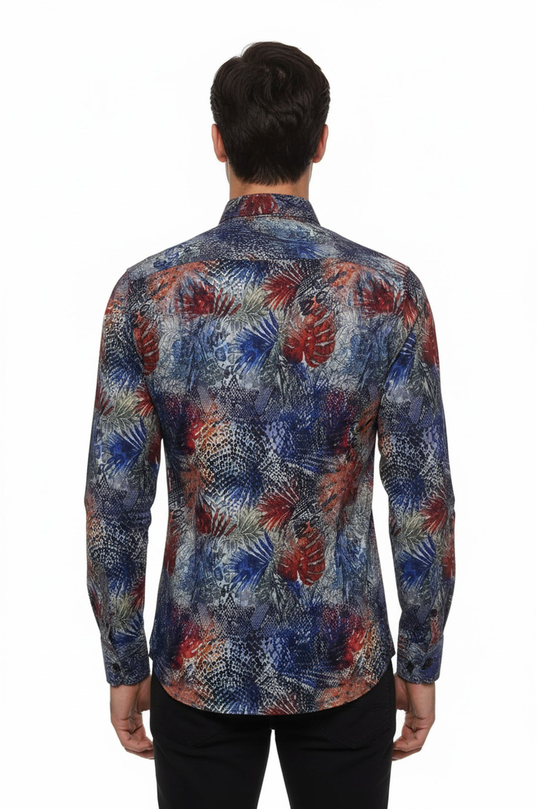 قميص رجالي باللون الأزرق الداكن منقوش عليه أوراق حمراء - ويسي