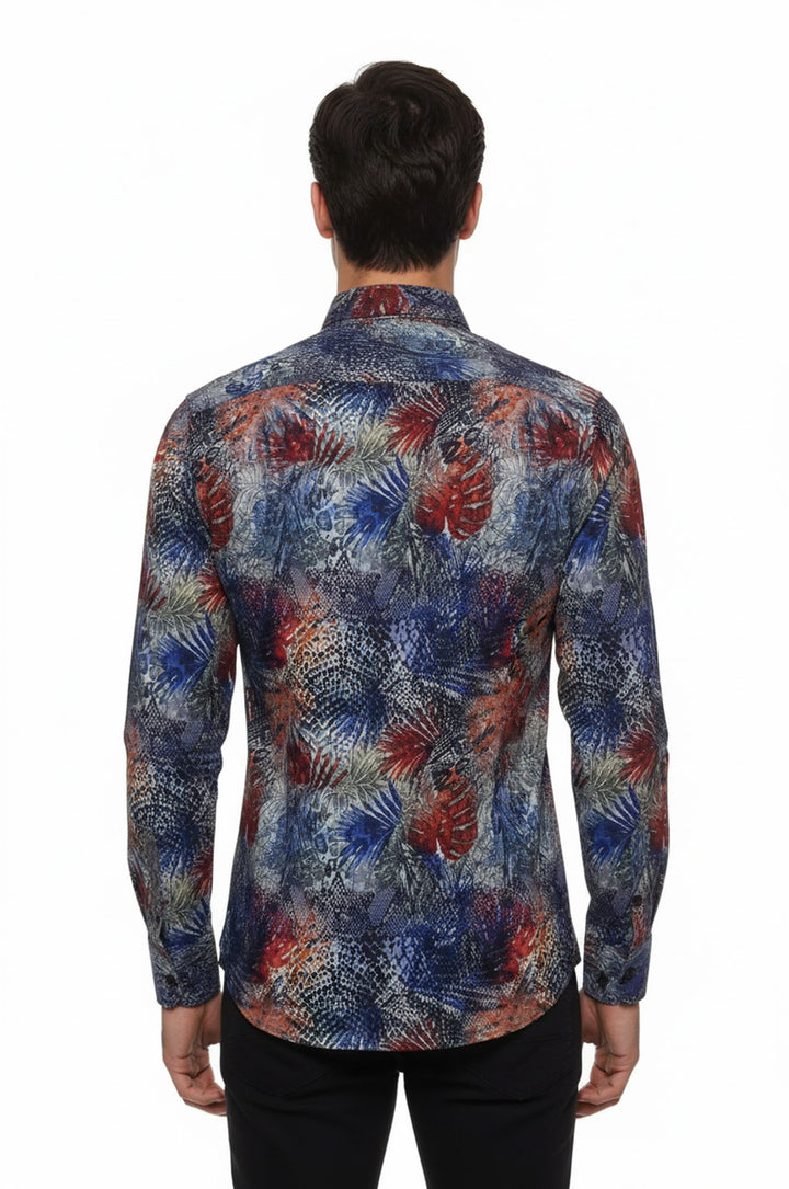 قميص رجالي باللون الأزرق الداكن منقوش عليه أوراق حمراء - ويسي