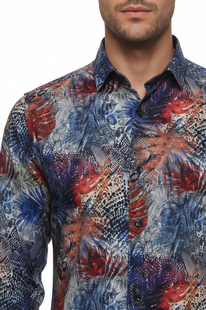 قميص رجالي باللون الأزرق الداكن منقوش عليه أوراق حمراء - ويسي