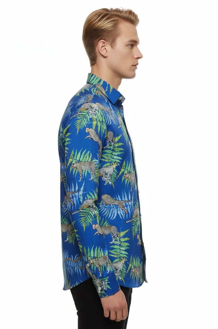 Kaplan Desenli Slim Fit Uzun Kollu Mavi Erkek Gömlek - Wessi