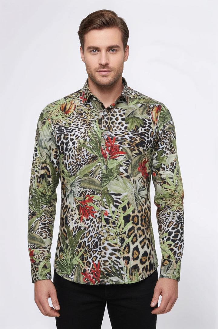 قميص رجالي متعدد الألوان بنقشة نمر وأكمام طويلة - ويسي