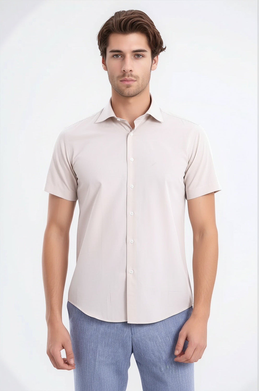 Short Sleeves Poly Cotton Slim Fit Cream Men Shirt - Wessi