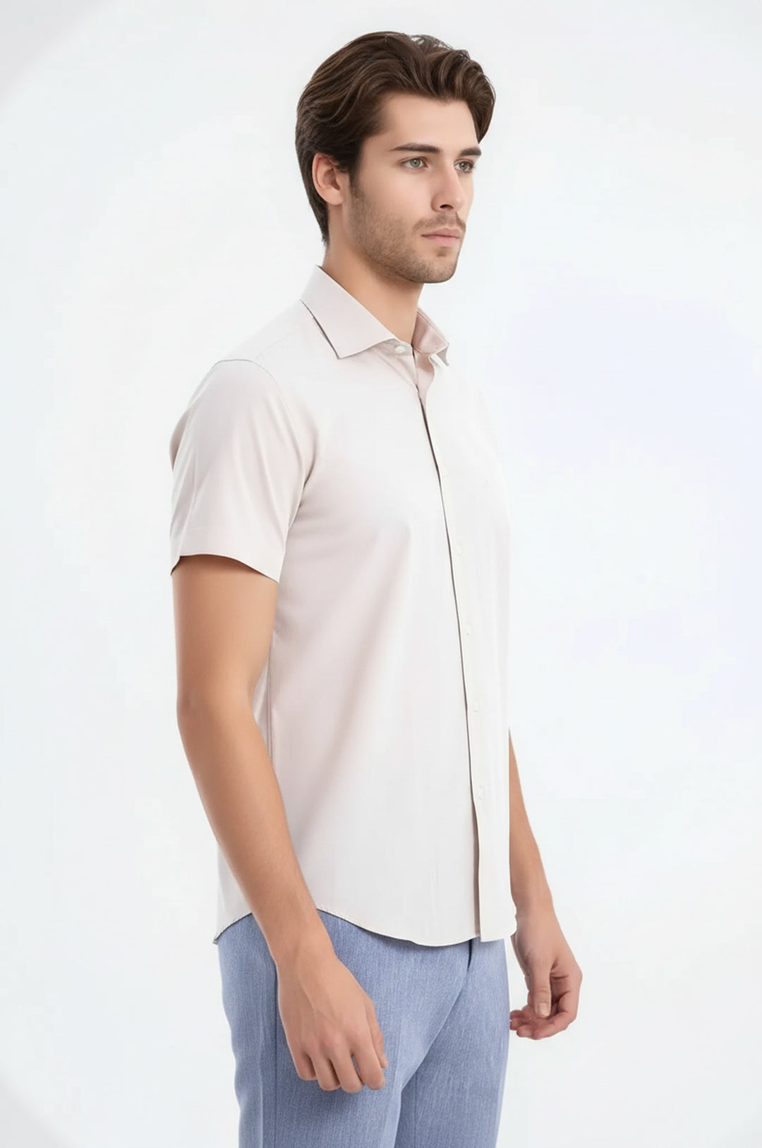 Short Sleeves Poly Cotton Slim Fit Cream Men Shirt - Wessi
