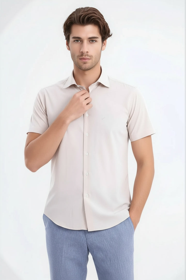 Short Sleeves Poly Cotton Slim Fit Cream Men Shirt - Wessi