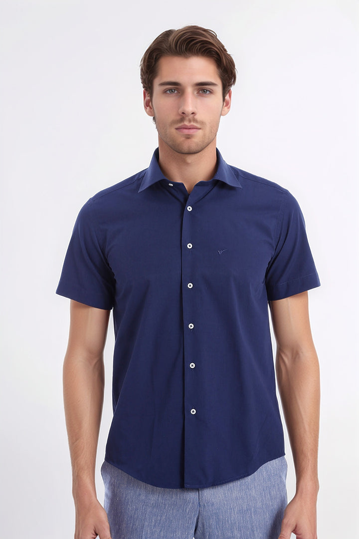 Short Sleeve Poly Cotton Slim Fit Navy Blue Men Shirt - Wessi