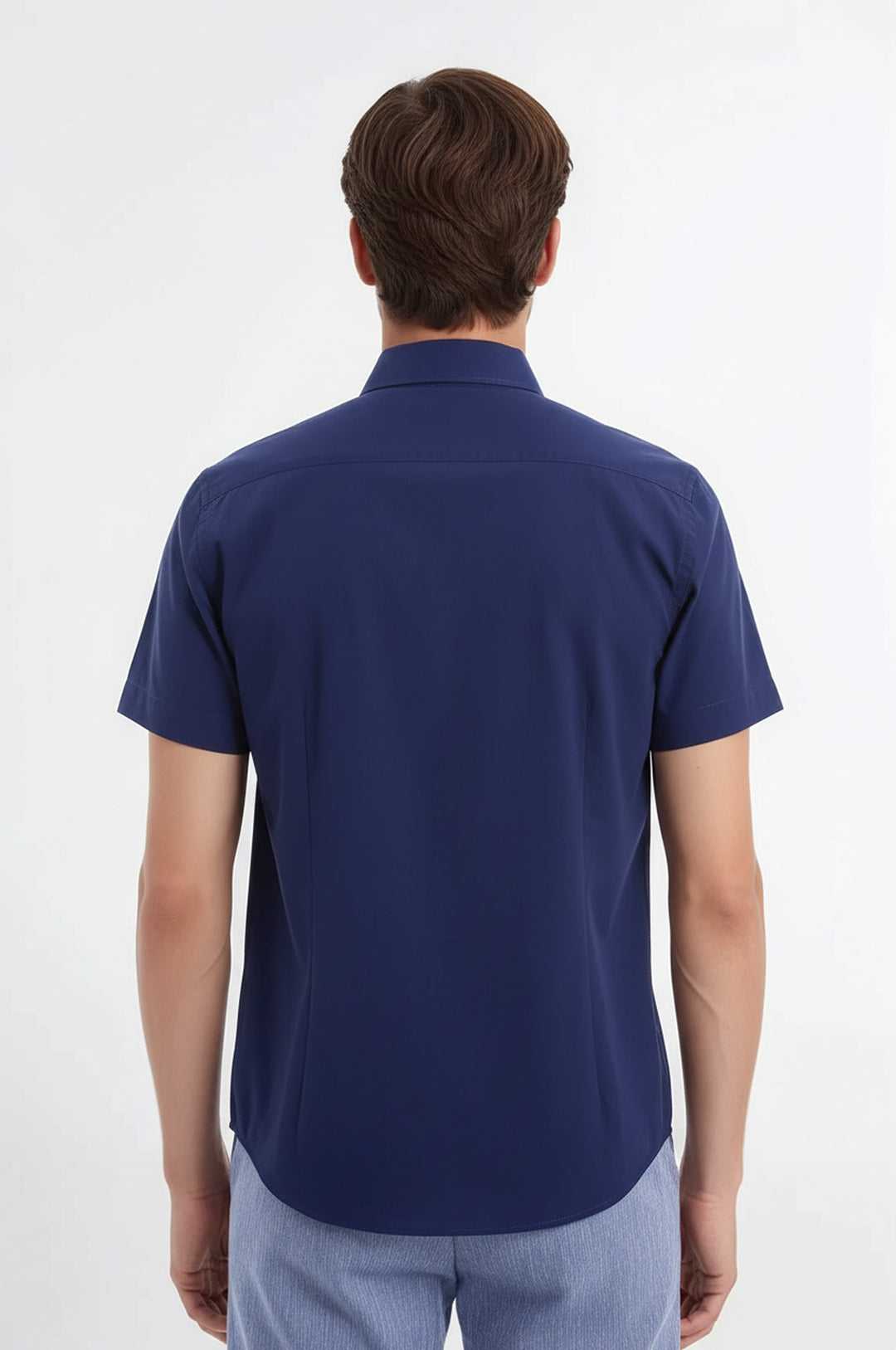 Short Sleeve Poly Cotton Slim Fit Navy Blue Men Shirt - Wessi