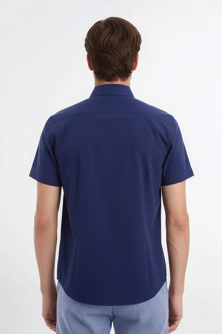 Short Sleeve Poly Cotton Slim Fit Navy Blue Men Shirt - Wessi