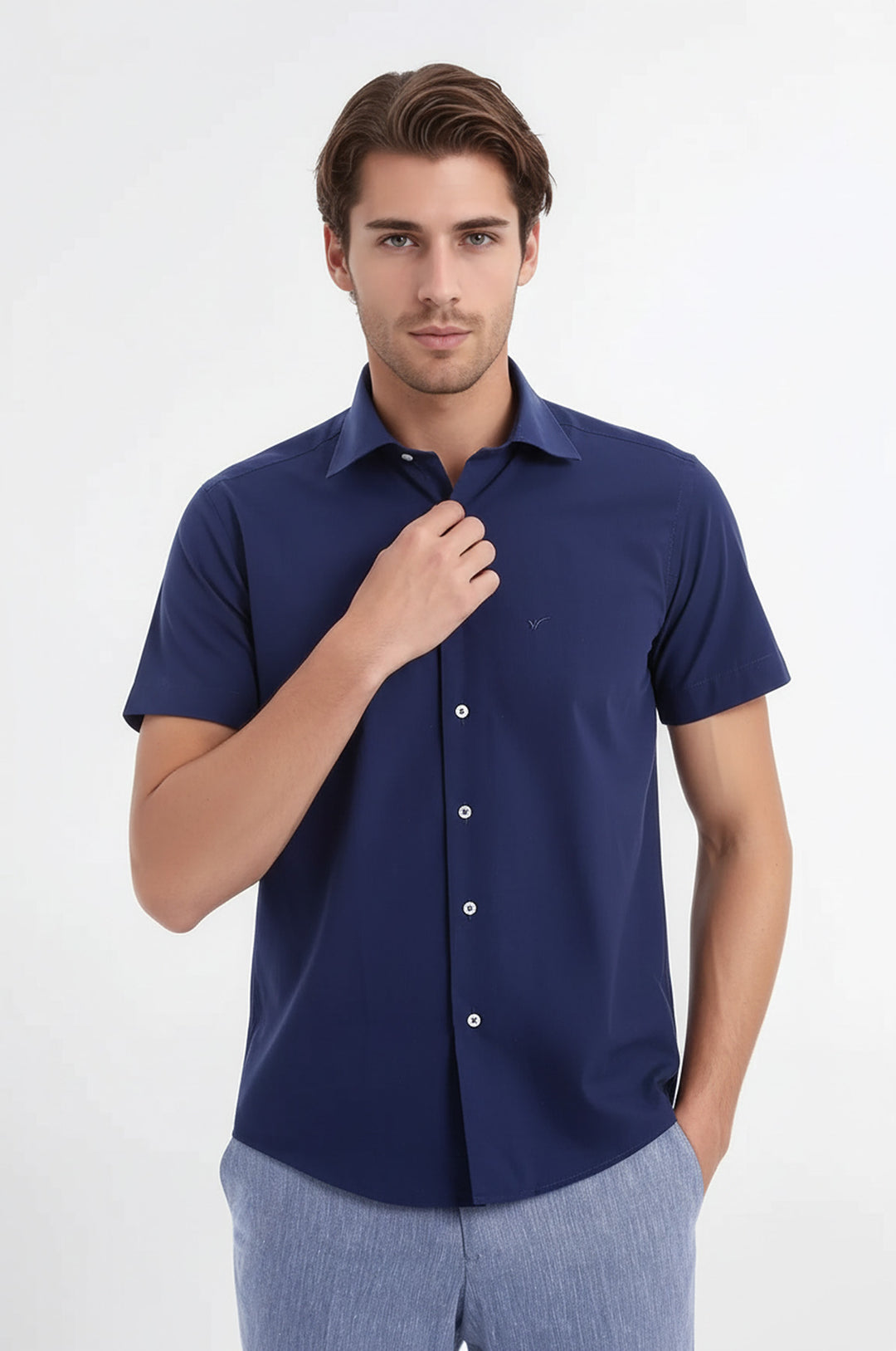 Short Sleeve Poly Cotton Slim Fit Navy Blue Men Shirt - Wessi