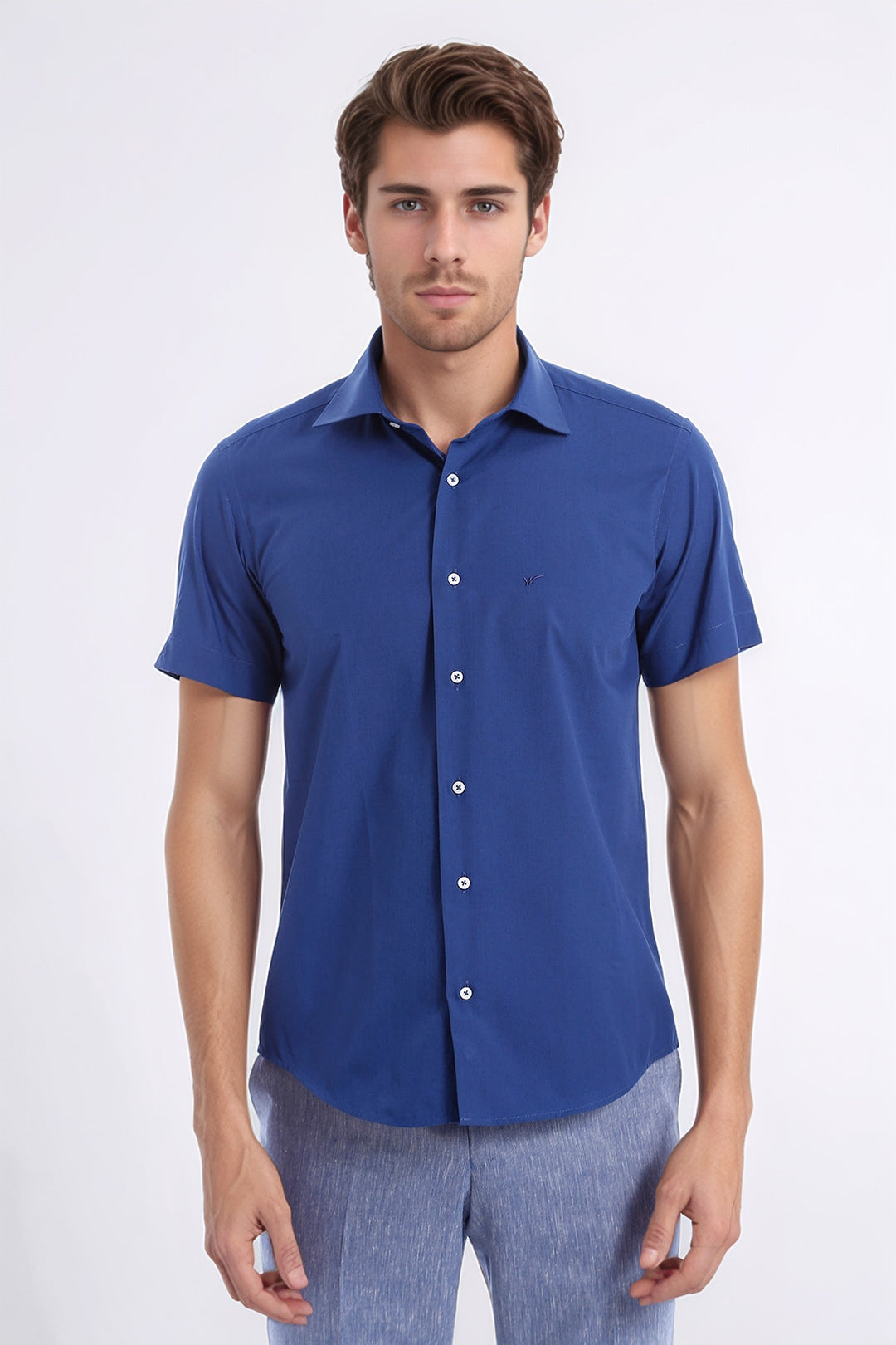 Slim Fit Short Sleeve Poly Cotton Navy Blue Men Shirt - Wessi