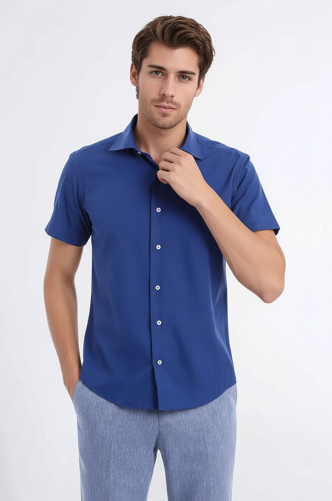 Slim Fit Short Sleeve Poly Cotton Navy Blue Men Shirt - Wessi