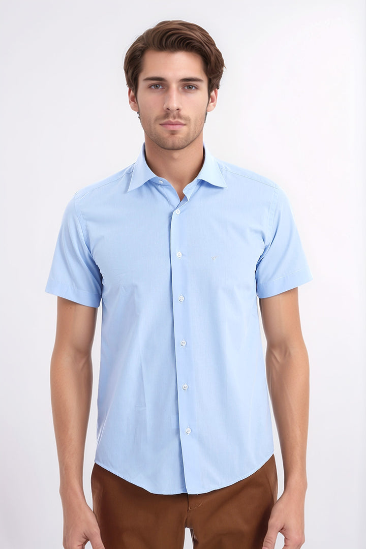 Slim Fit Kısa Kol Poly Pamuk Mavi Erkek Gömlek - Wessi