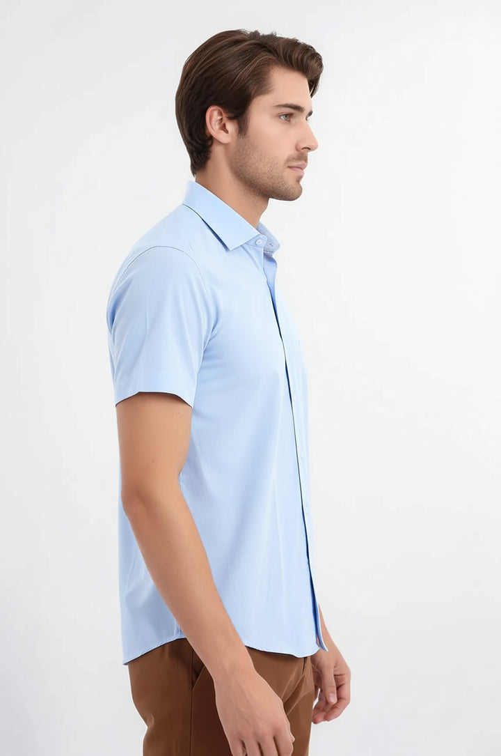 Slim Fit Kısa Kol Poly Pamuk Mavi Erkek Gömlek - Wessi