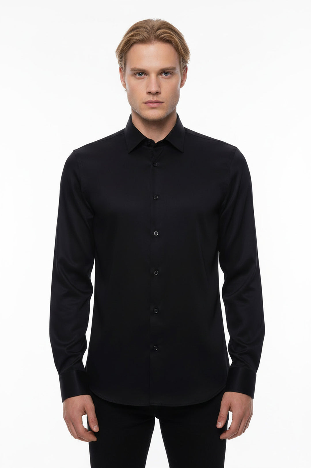 Pamuk Saten Dar Kesim Siyah Erkek Gömlek - Wessi