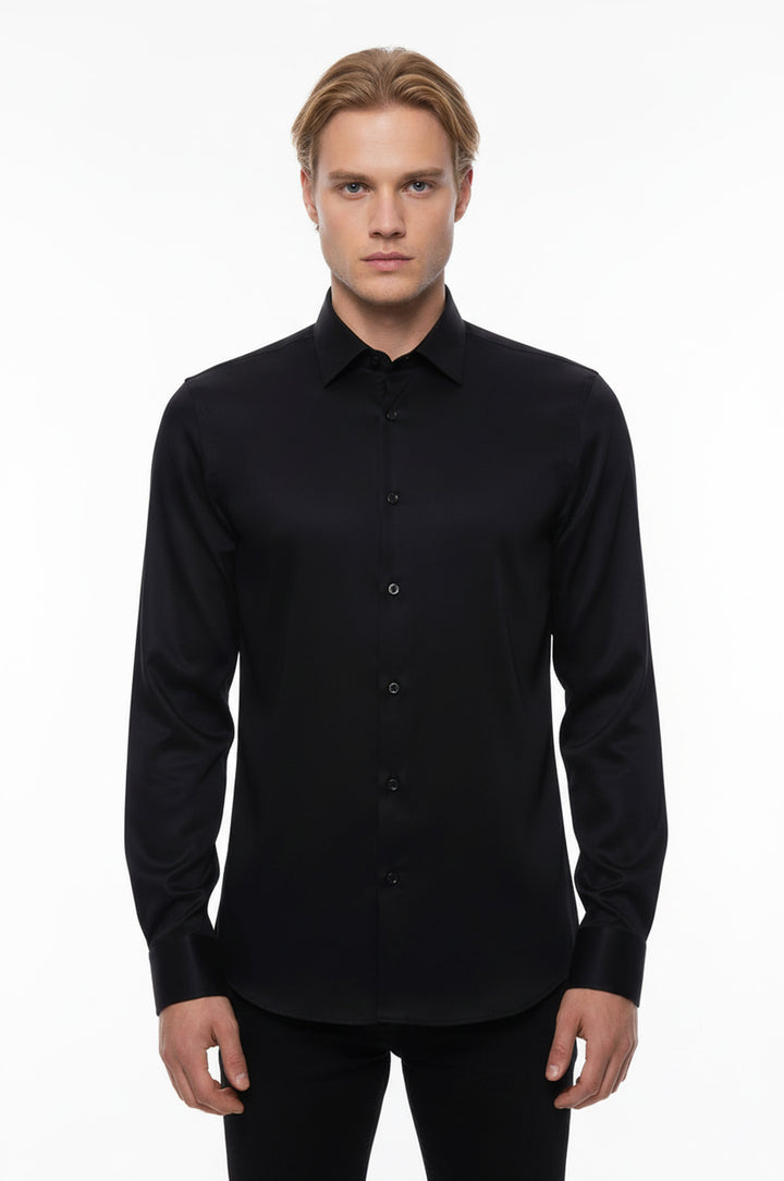 Pamuk Saten Dar Kesim Siyah Erkek Gömlek - Wessi