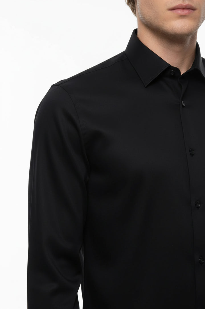 Pamuk Saten Dar Kesim Siyah Erkek Gömlek - Wessi