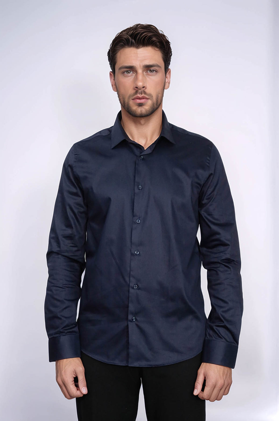 Cotton Satin Slim Fit Long Sleeves Plain Navy Blue Men Shirt - Wessi