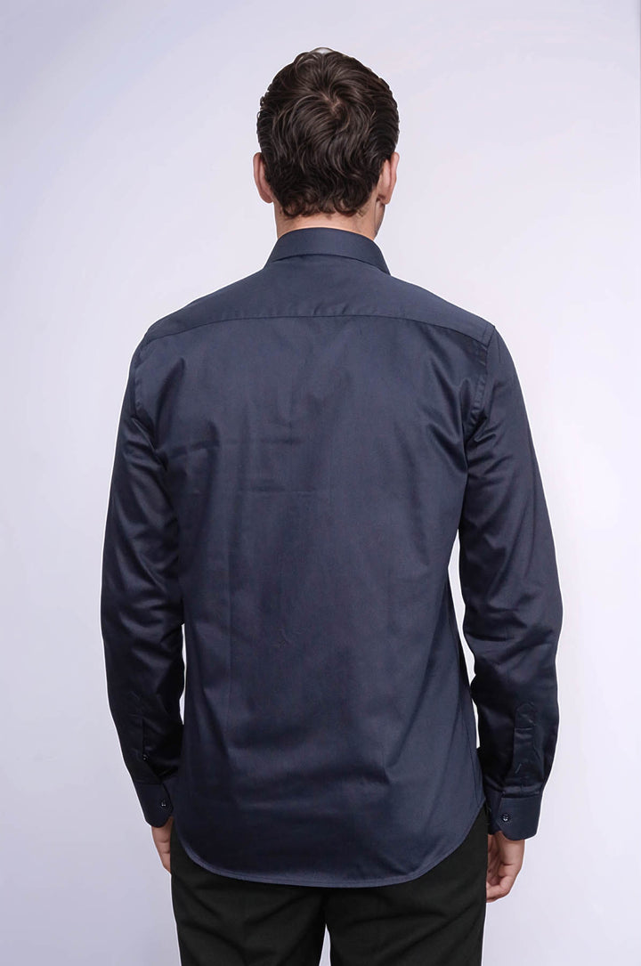 Cotton Satin Slim Fit Long Sleeves Plain Navy Blue Men Shirt - Wessi