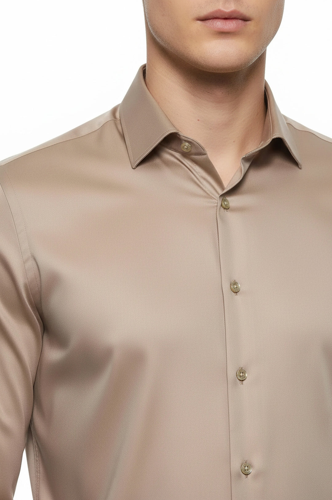 Cotton Satin Plain Long Sleeves Slim Fit Beige Men Shirt - Wessi