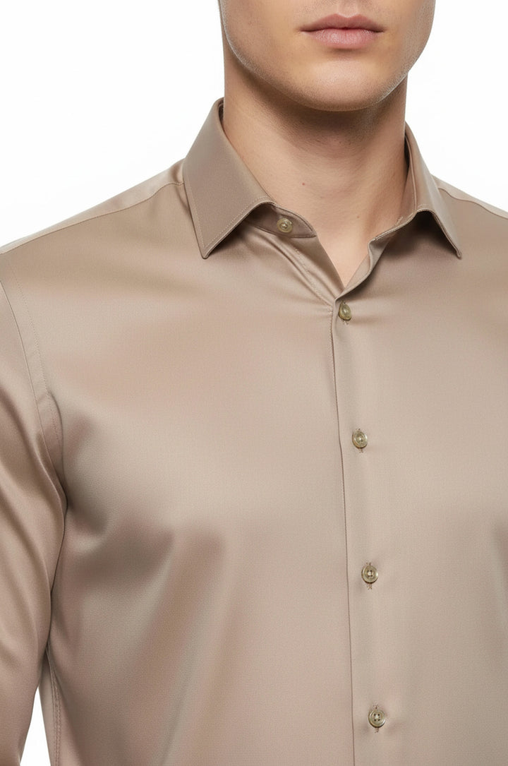 Cotton Satin Plain Long Sleeves Slim Fit Beige Men Shirt - Wessi