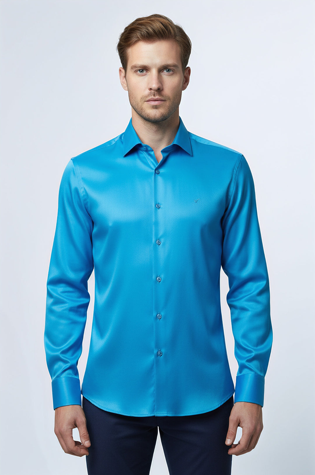Long Sleeves Cotton Satin Slim Fit Turquoise Men Shirt - Wessi