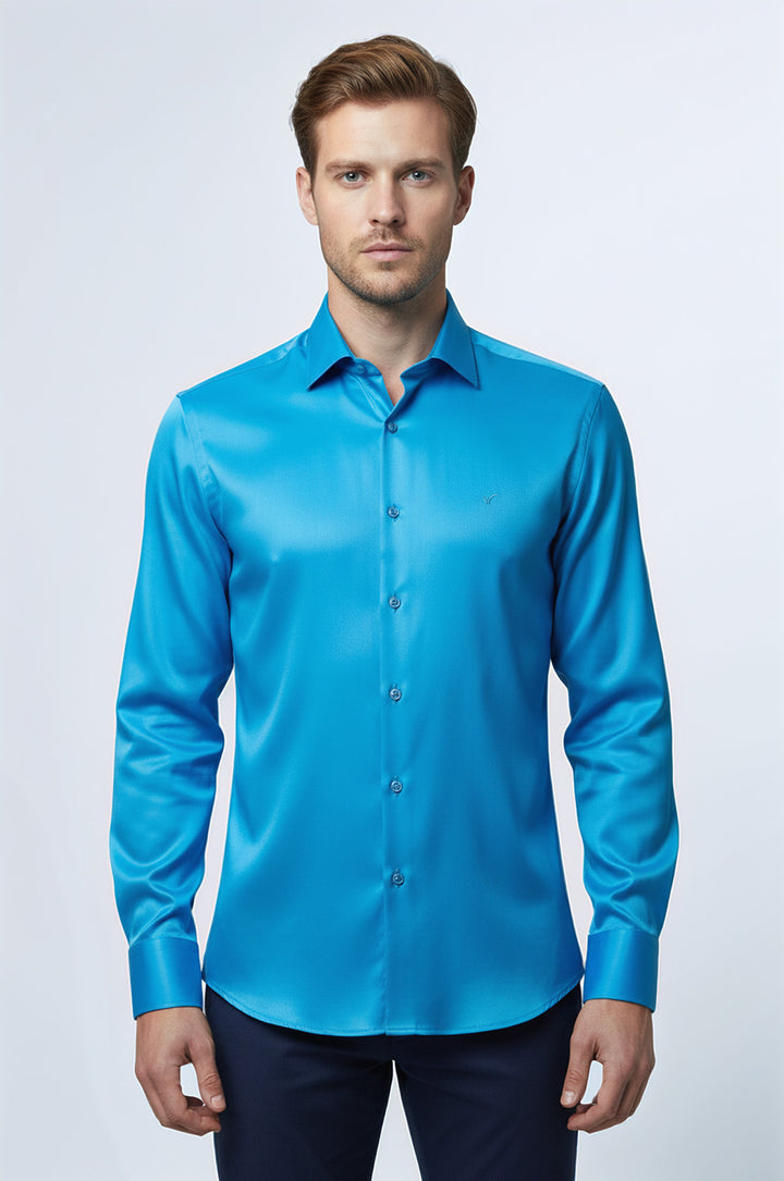 Long Sleeves Cotton Satin Slim Fit Turquoise Men Shirt - Wessi