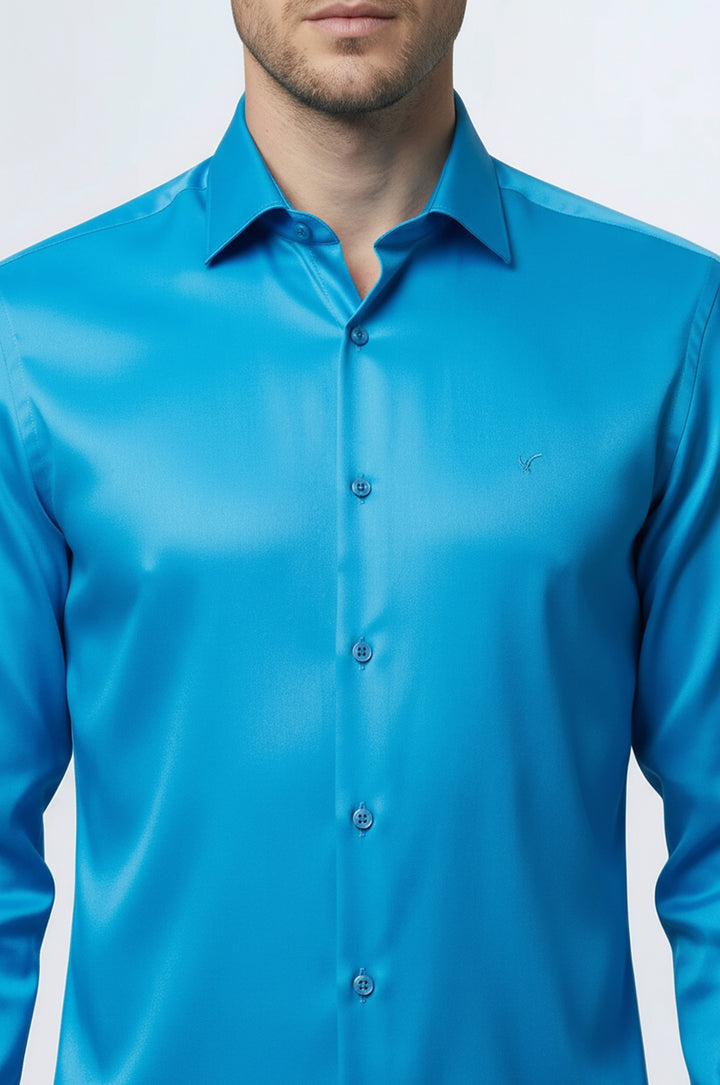 Long Sleeves Cotton Satin Slim Fit Turquoise Men Shirt - Wessi