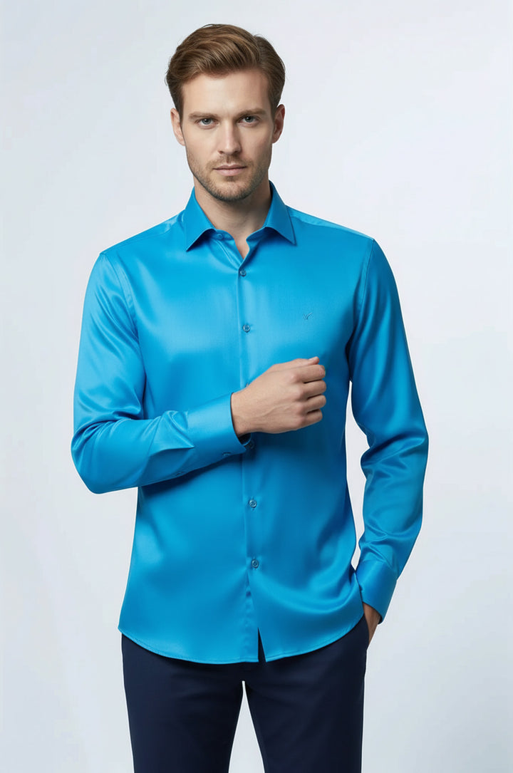 Long Sleeves Cotton Satin Slim Fit Turquoise Men Shirt - Wessi