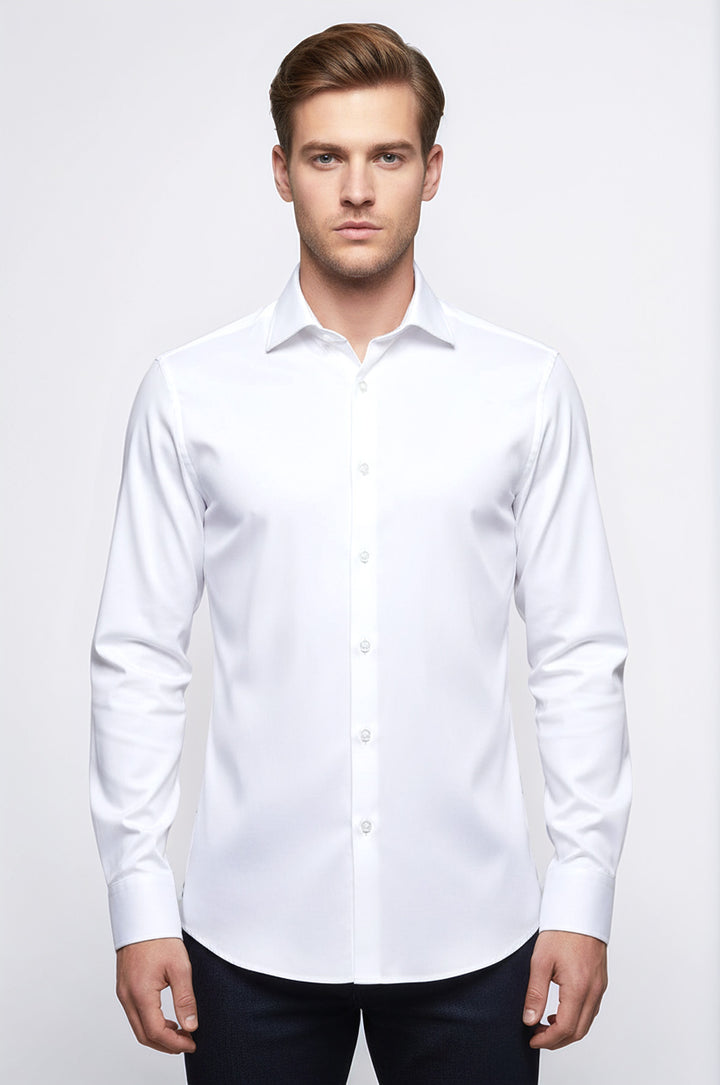 Cotton Satin Plain Slim Fit White Men Shirt - Wessi