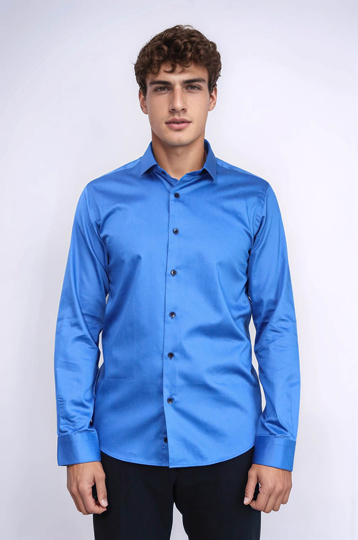 Cotton Satin Slim Fit Blue Men Shirt - Wessi
