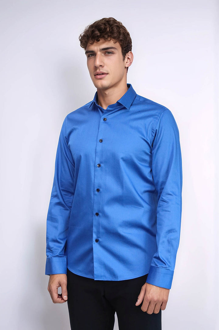 Cotton Satin Slim Fit Blue Men Shirt - Wessi